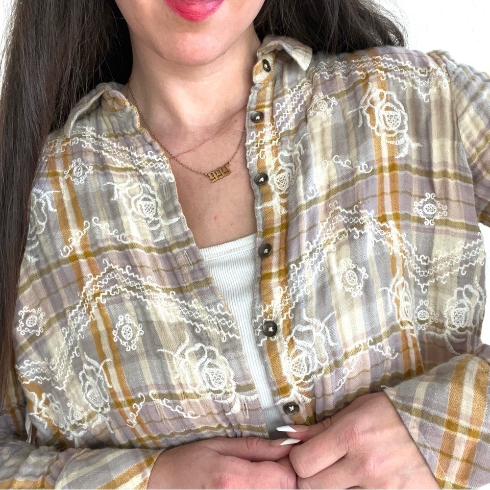 FREE PEOPLE Magical Plaid Yellow Embroidered Shirt - Picture 3 of 10